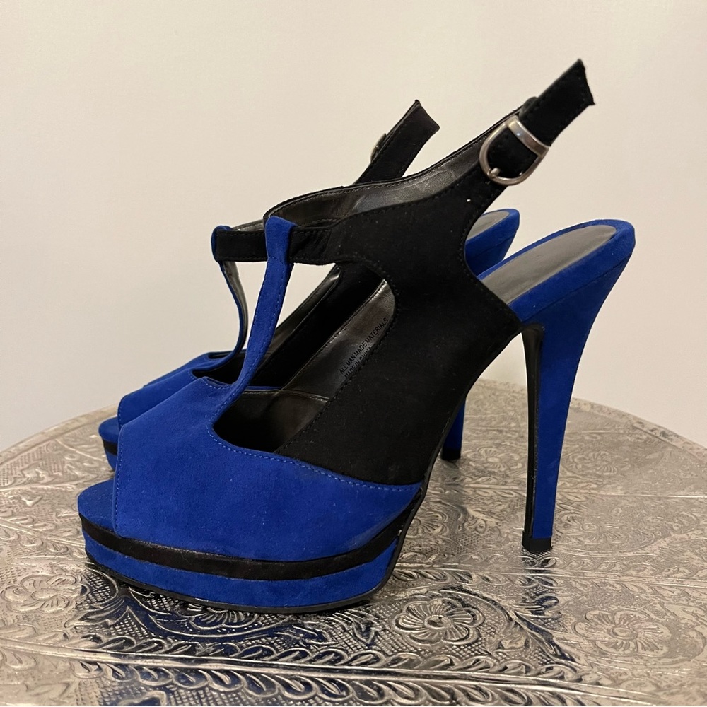 Diba Black and Blue Faux Suede Mary Jane High Heel | Peep Toe | Size 7.5